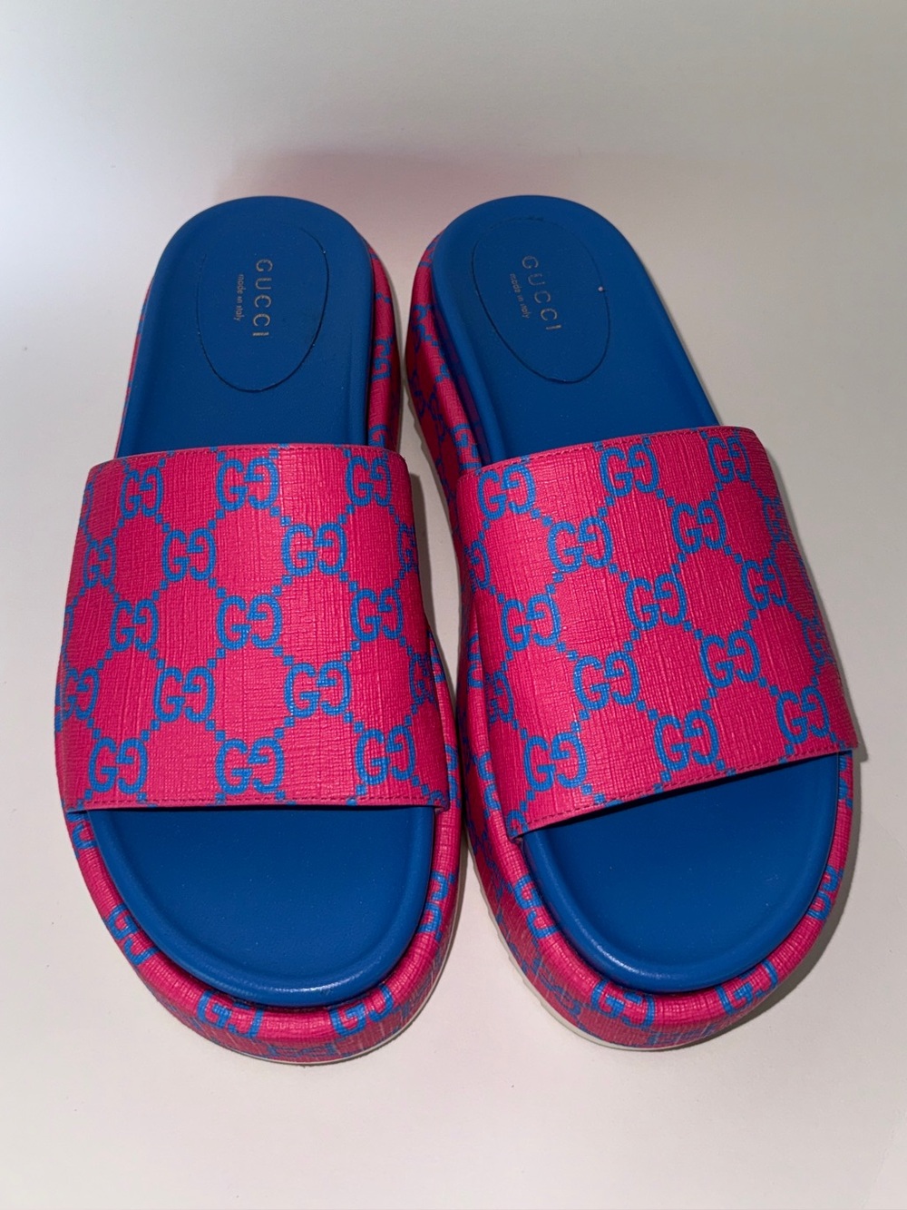 Gucci Pink and Blue GG Logo Slide Sandals